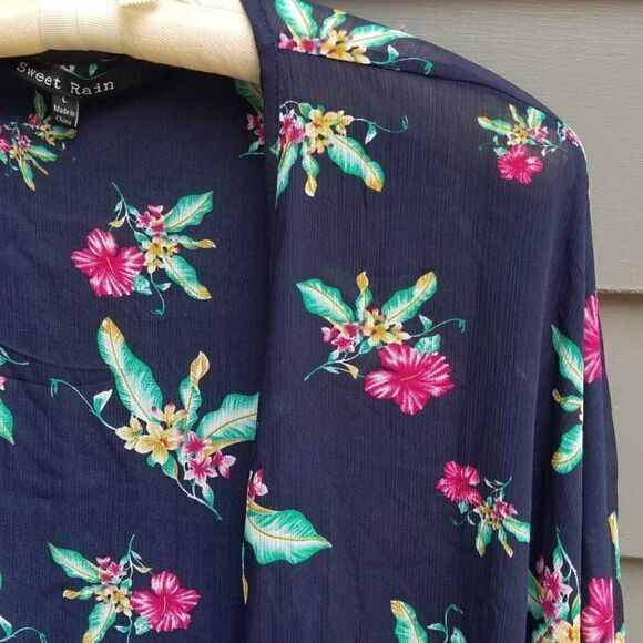 Sweet Rain Navy Floral Sheer Duster with Black Fringe and neon sleeves Large - Picture 3 of 8